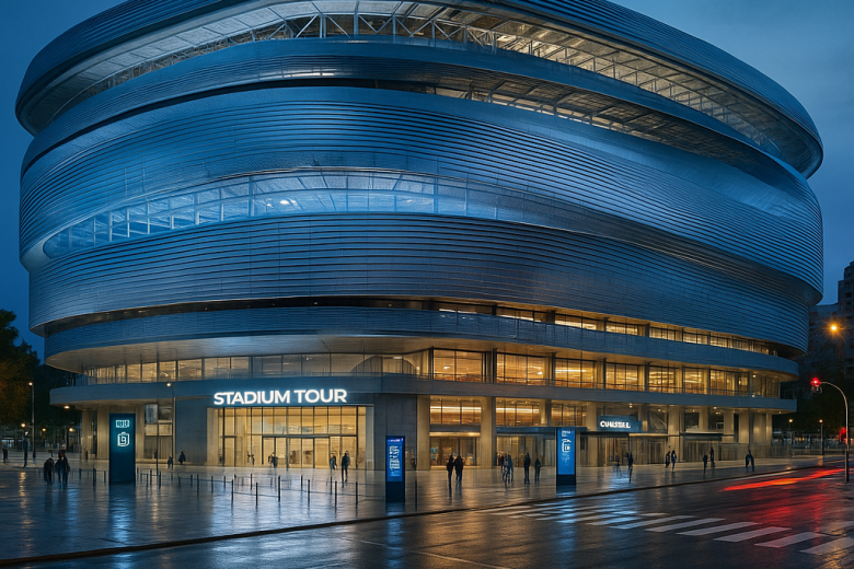 Večerní exteriér zrekonstruovaného stadionu Santiago Bernabéu (2026) s rozsvícenou LED fasádou, částečně otevřenou střec