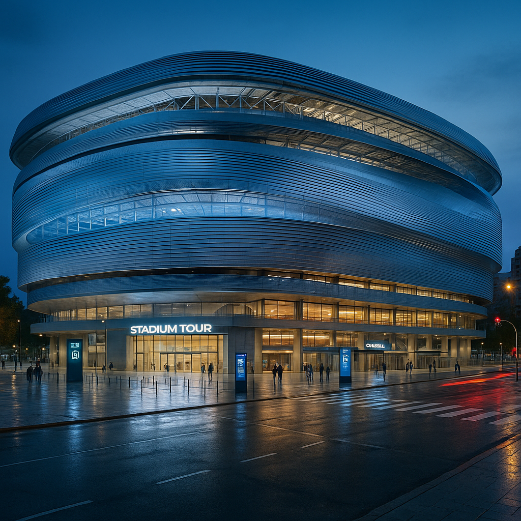 Večerní exteriér zrekonstruovaného stadionu Santiago Bernabéu (2026) s rozsvícenou LED fasádou, částečně otevřenou střec